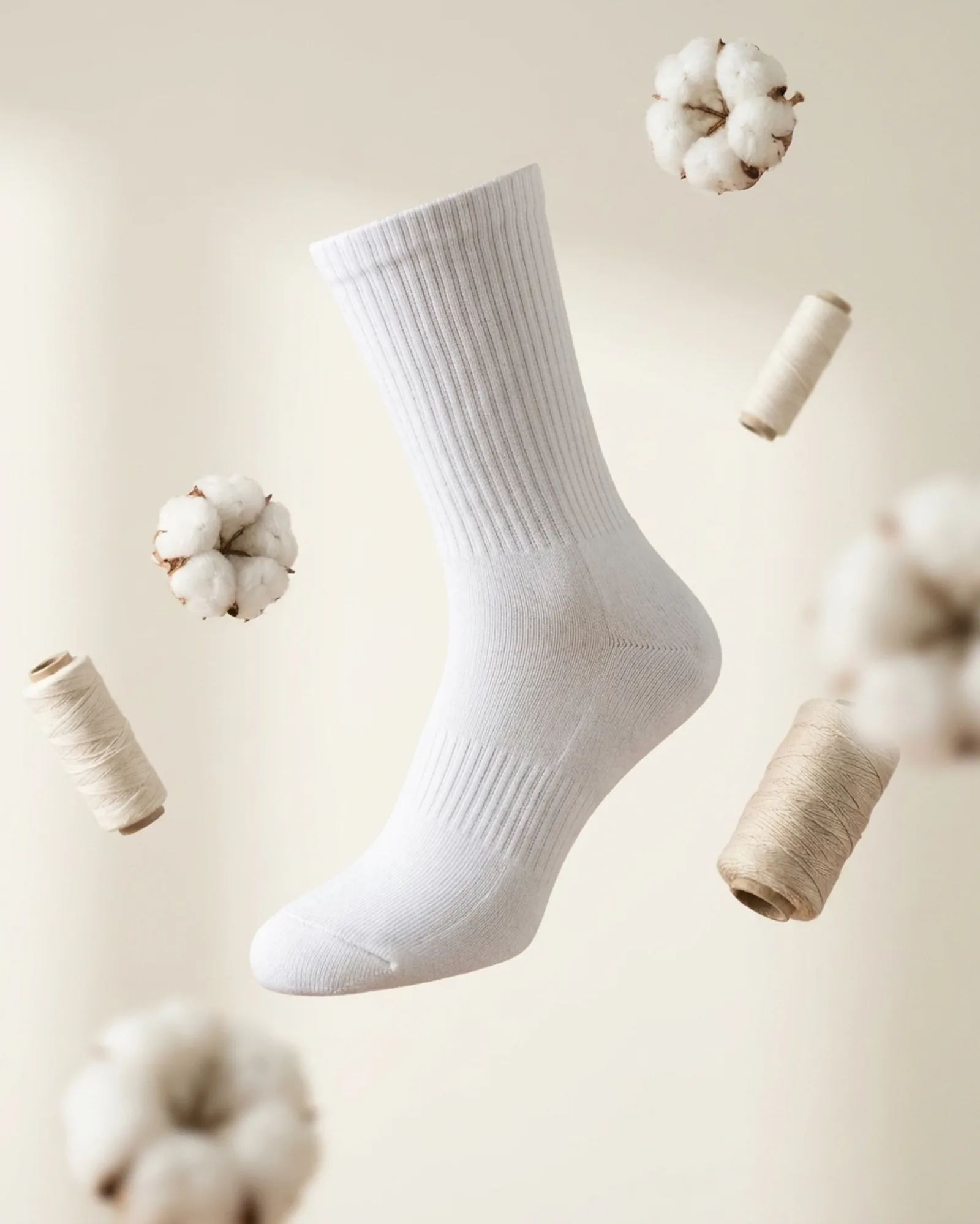 Tennis sock with cotton bolls and yarn spools, cotton-rich knit