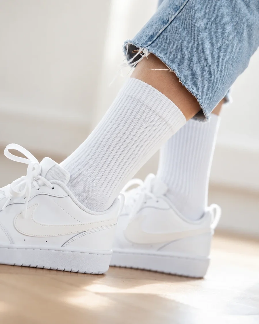 White ribbed print-ready crew socks worn with white sneakers