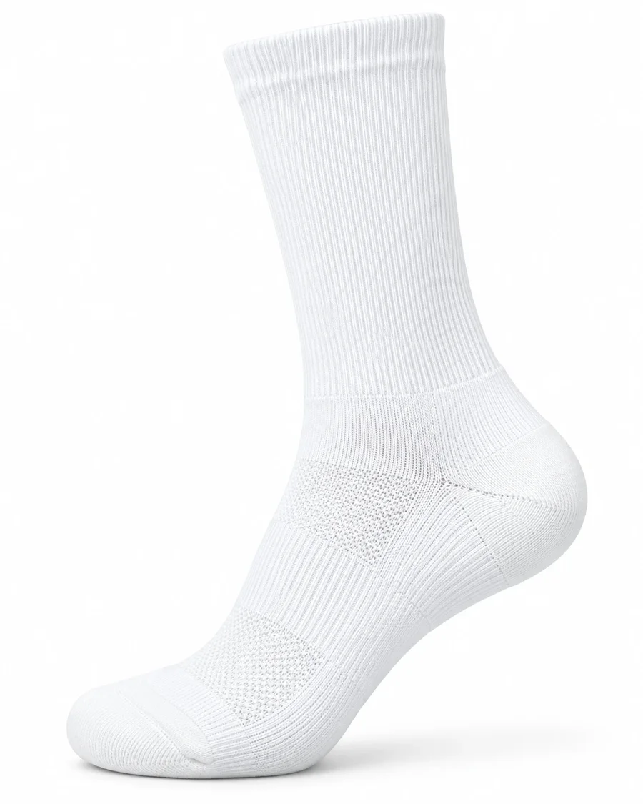 White running sock, side view, mesh instep and reinforced heel