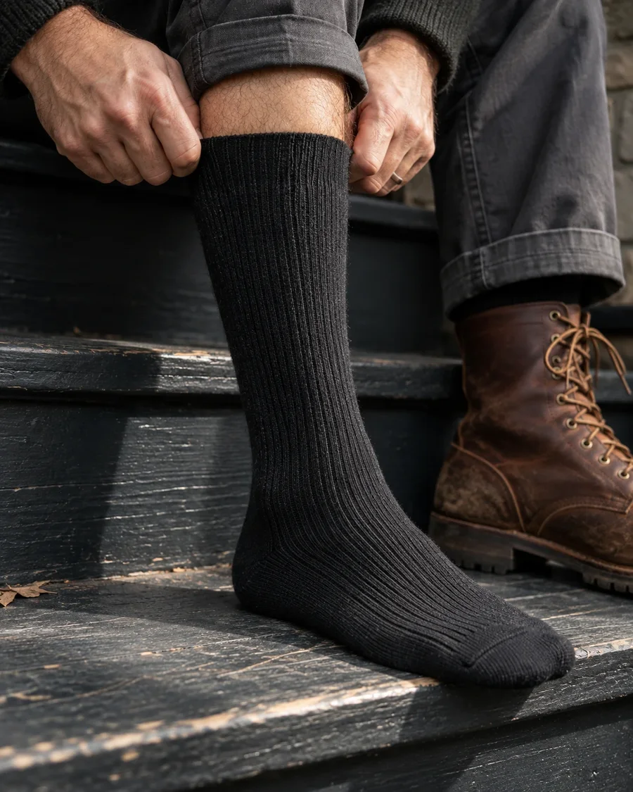 Lambswool thermal socks worn with leather boots on a doorstep